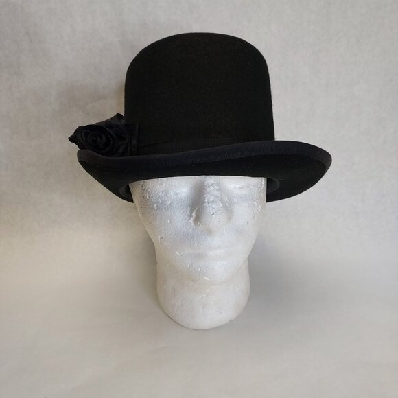 New York Hat Co Top Hat Women's M Wool Felt Classic Black Short Crown Flower Pin - Picture 3 of 16